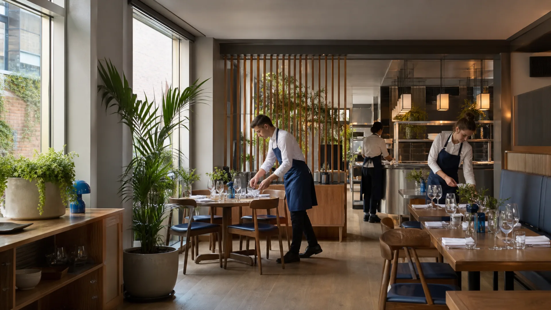 Restaurant team preparing a dining room before service